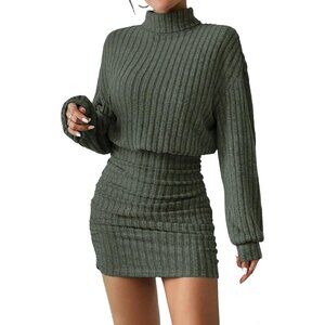 Women's Green Lantern Sleeve Turtle Neck Cute Ribbed Knit Pullover Sweater Dress